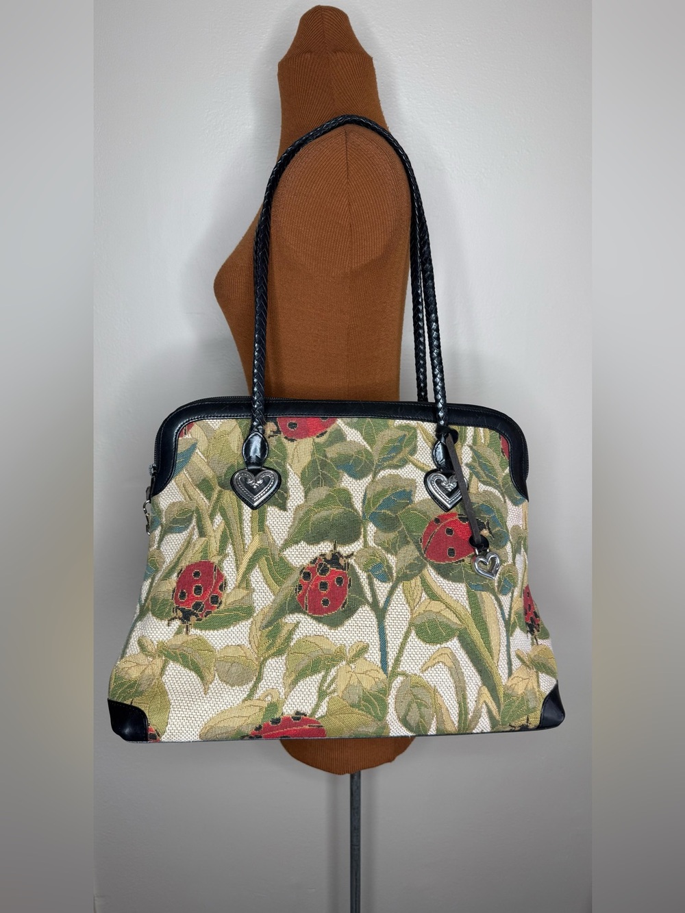 Brighton Alyssa Ladybug Tapestry Weekender Canvas Tote Leather Trim Vintage